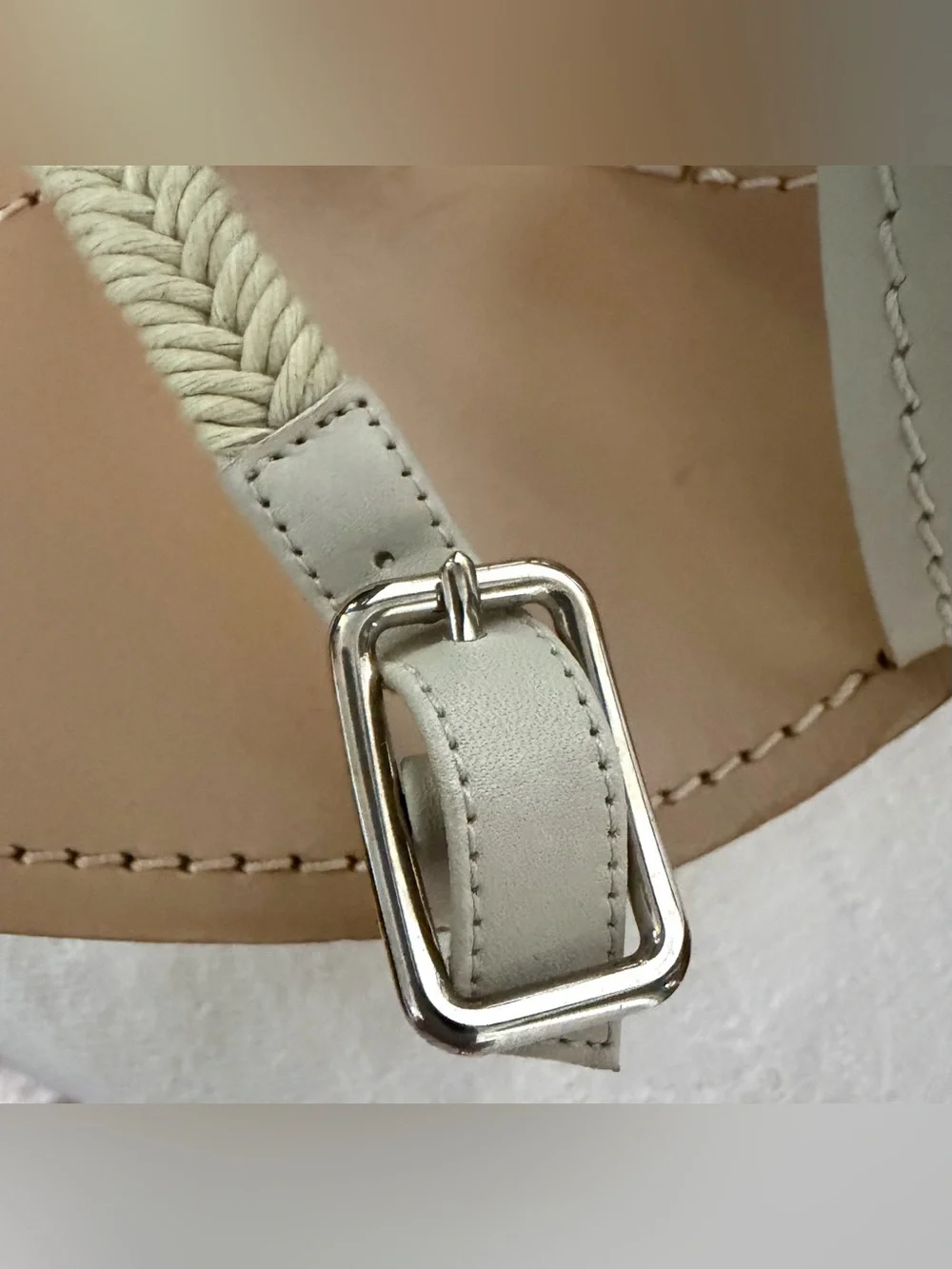 Jil Sander Strappy Leather and Rope Wedge Sandals, beige w/silver, 38, GUC
